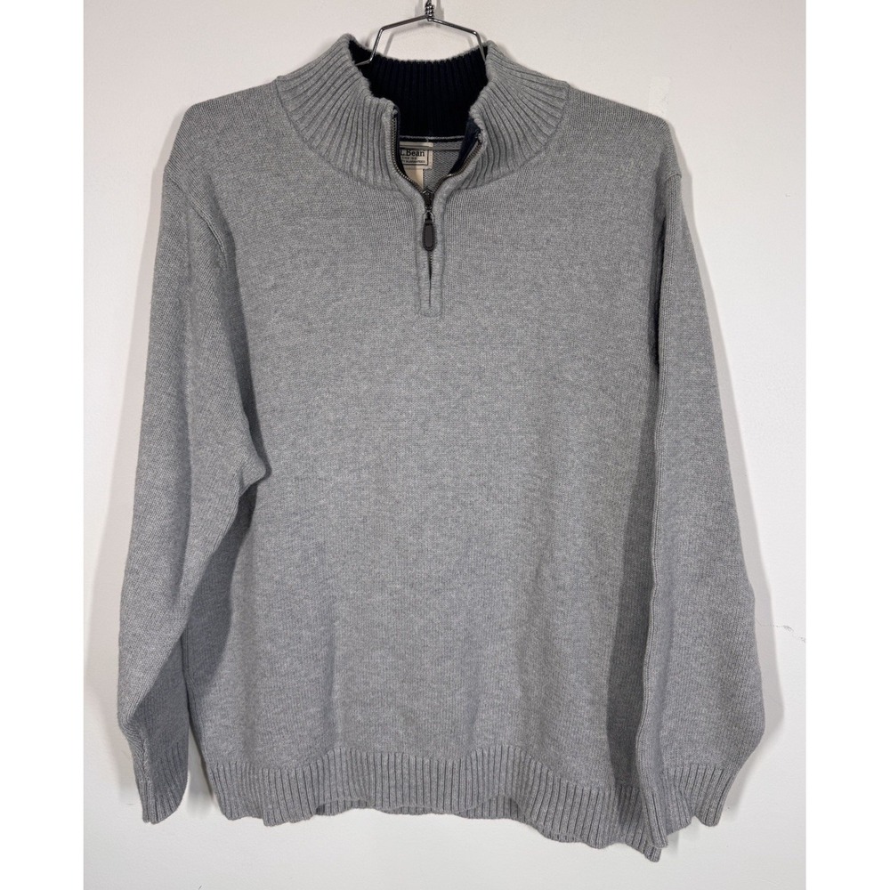 LL Bean Gray Soft Cotton 1/4 Zip Mock Neck Pullover Sweater Men's 2XLT Classic